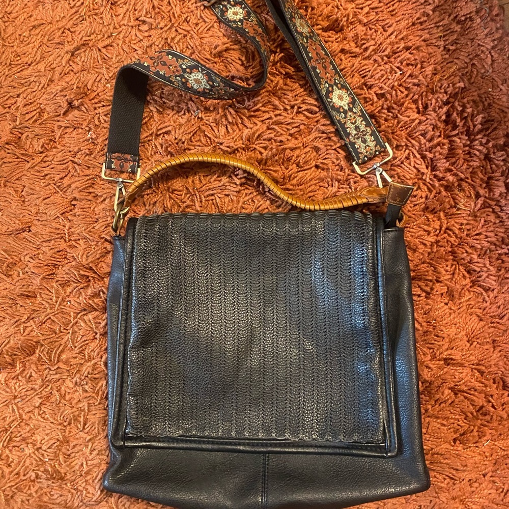 Free People Braided Vegan Leather Messenger Bag with guitar strap- Black